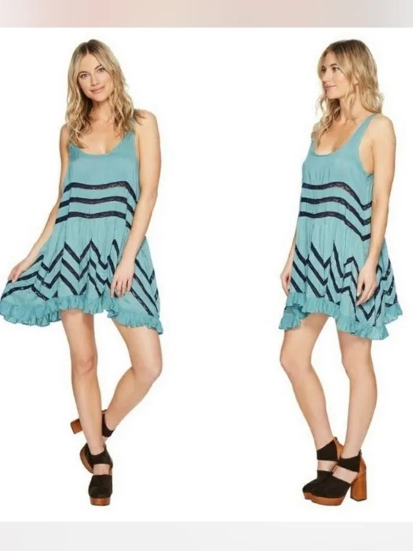 Free People Trapeze Tank Dress Size XS Teal & Navy Beachy Boho Retro Summer - Image 6