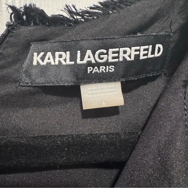 Karl Lagerfeld Paris Black Tweed Sheath Dress Size 6 Fringe Trim Pockets - Image 3