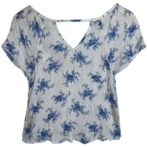 Abercrombie & Fitch Blue White Sheer Floral Crochet V Neck Peasant Blouse Sz XS - Image 2