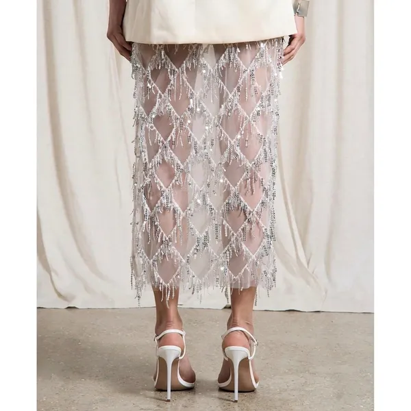 NWT MakeMeChic White Sequin Fringe Mesh Sheer Midi Skirt Sheer Party Medium - Image 2
