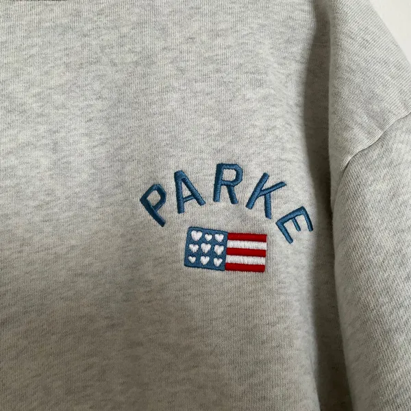 Parke Flag Graphic Mockneck Sweatshirt Varsity Pullover Heather Grey L/XL - Image 5