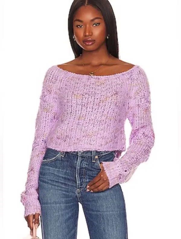 Free People Womens Sunset Cloud Pullover Sweater Purple Chunky Knit Crop Top - Image 4