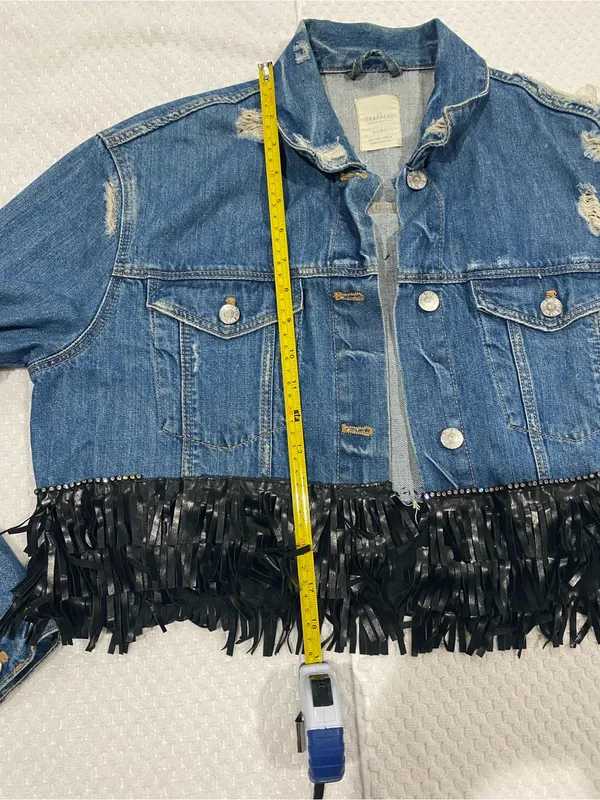 Zara Light Blue Distressed Denim Jacket with Black Fringe Detail - Image 4
