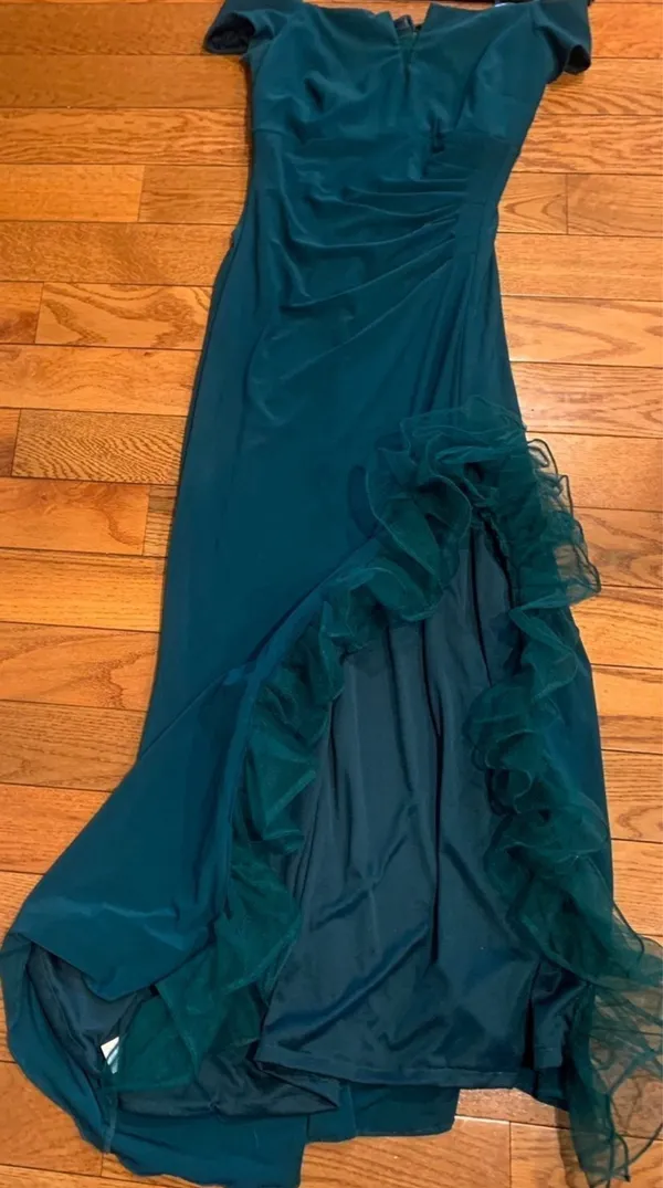 Xscape Off-The-Shoulder Ruched hunter green Gown with Custom Ruffle Detail 8 - Image 13
