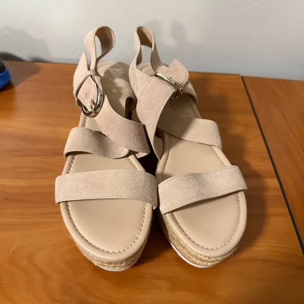 Marc Fisher‎ Beige Nude Espadrille Wedge Sandal Strappy Heel Neutral Casual 10M - Image 4
