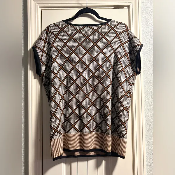 Coldwater Creek Sweater Top‎ Womens Small 8 Brown Geometric Silk Cotton V-Neck - Image 4