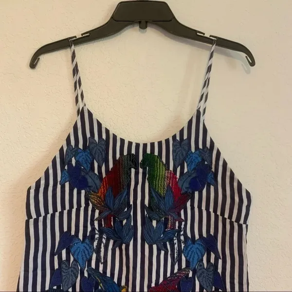 FARM Rio Striped Mini Dress Embroidered Birds Toucan Linen Cover Up Resortwear - Image 4