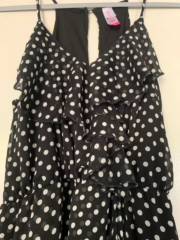 No Boundaries Black And White Polka Dot Dress With Ruffles Spaghetti Strap With Button Closure - Image 2