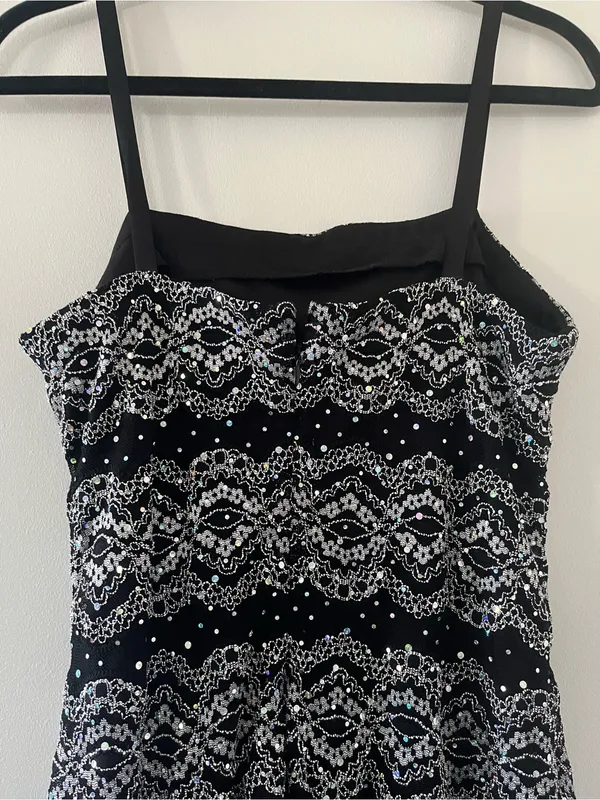 Vintage 90s R&M Richards Black Silver Lace Sequin Midi Cocktail Dress 10 Sparkly - Image 6