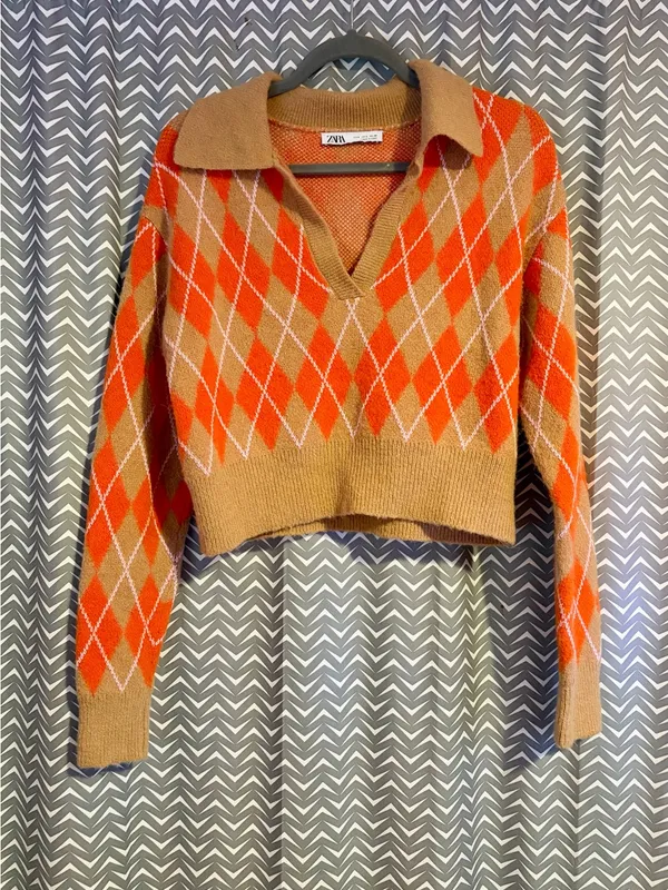 Zara | Argyle Collared Cropped Sweater, Small - Image 2