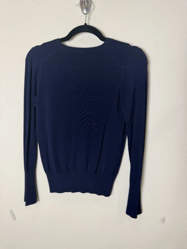 Zara V Neck Fine Gauge Sweater with Gold Button Sleeve Detail Navy Size Small - Image 5