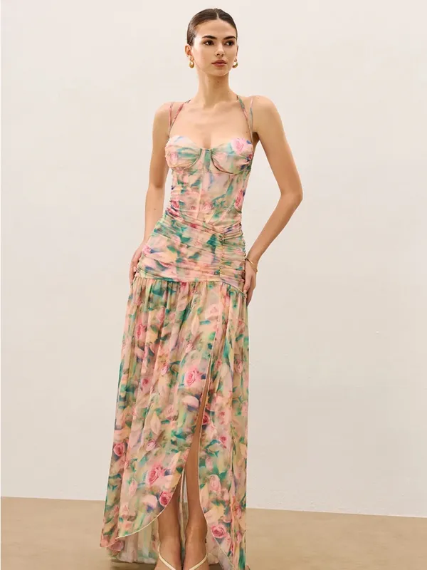 Commense Pink Floral Maxi Dress with Green Accents - Image 6