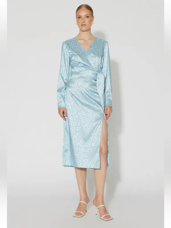 NWT ASOS DESIGN Blue Satin Jacquard Wrap Crop Top Long Sleeve V-Neck Sz S - Image 3