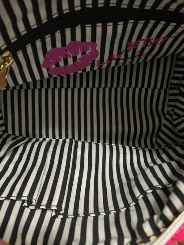 Luv Betsey Johnson Nautical Mini Tote Bag Purse Blue White Stripes Pink Pom 7x10 - Image 10