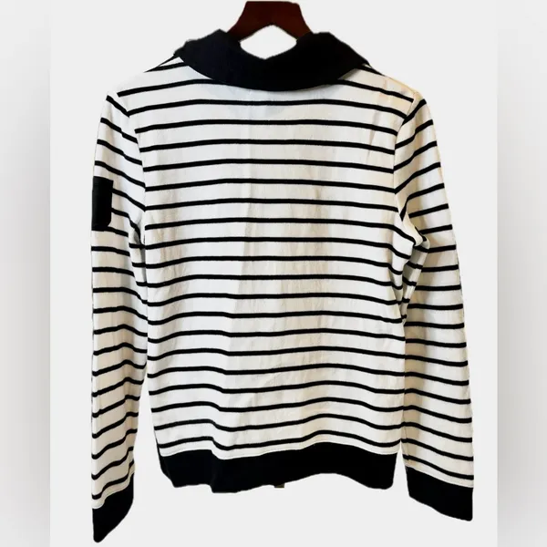 Women's Ralph Lauren Black and White Striped V-Neck Sweater Size Medium - Image 2