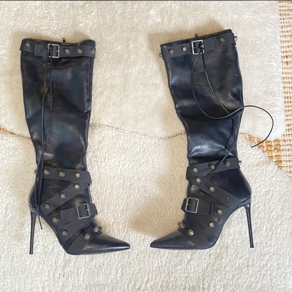 Steve Madden Fink Black Faux Leather Strappy Studded Knee High Boots - Image 2