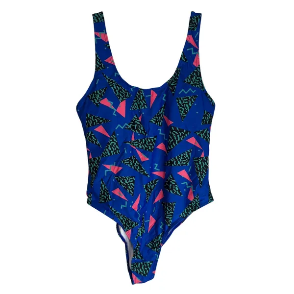 MIAULIA Geometric Print One Piece Swimsuit Royal‎ Blue Pink Teal Women's Size L - Image 6