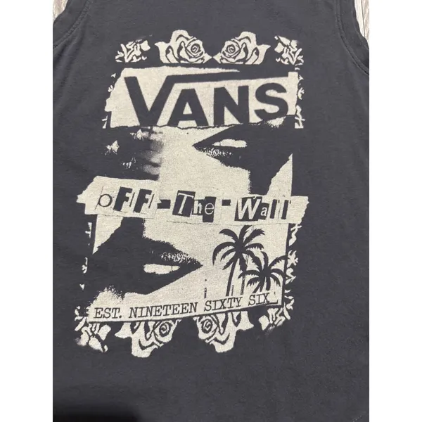 Vans Womens Tank Top S Black White Graphic Muscle‎ Cotton Skater Rose Palm Punk - Image 2