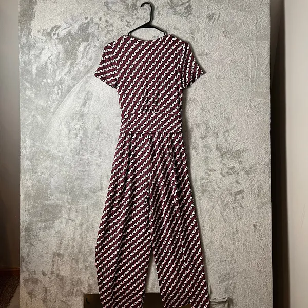 Boden‎ Ellen Jersey Graphic Geo Jumpsuit Size 4 Regular Burgundy Blue - Image 6