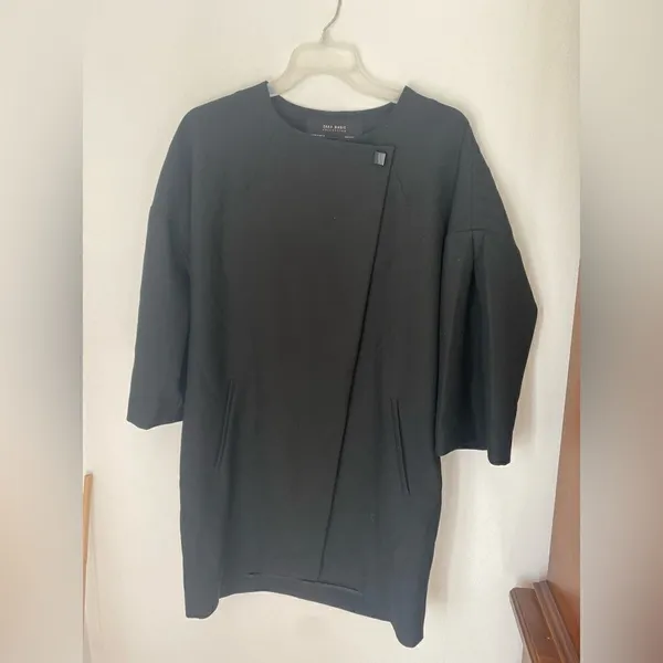 Zara Asymmetrical Cocoon Jacket Womens Medium Black 3/4 Sleeve Snap Front - Image 11