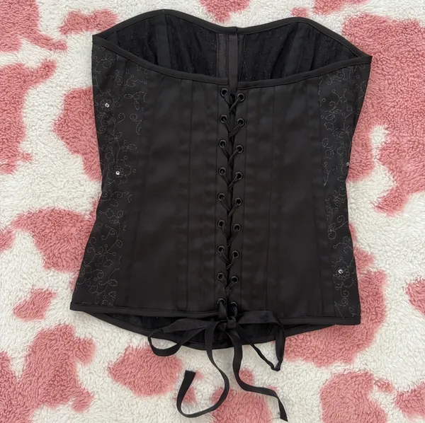 Vintage Y2K Black Corset Top w/ Floral Embroidery & Rhinestones 🖤 Gothic Coquette Bustier Small - Image 5
