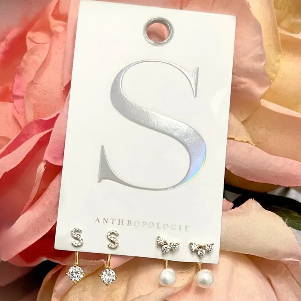 NWT Anthropologie Cubic Zirconia Initial “S” Earrings Two Pairs - Image 3