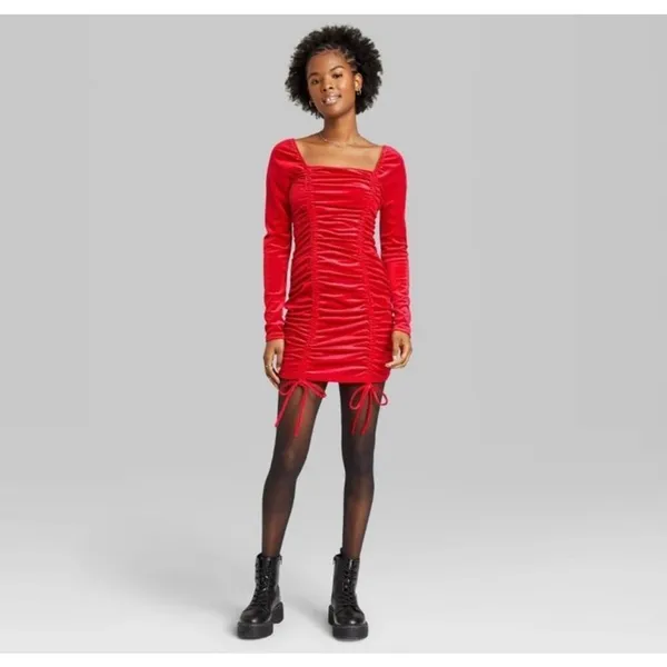 NWT Womens Wild Fable Red Crushed Velvet Ruched Holiday Dress - Sz L - Image 2