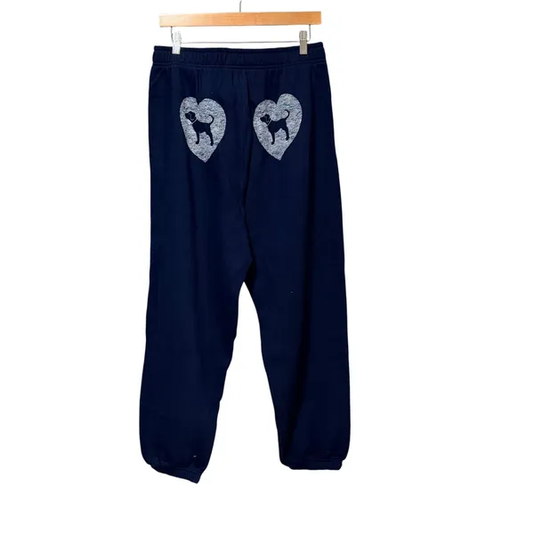PINK Victoria's Secret Navy Blue Heart Dog Graphic Jogger Sweatpants Large - Image 3