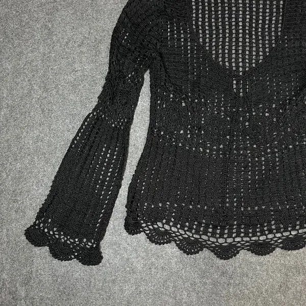 Bette Paige Black Crochet Cardigan XL Bell Sleeve Scallop Hem Boho Whimsigoth - Image 12