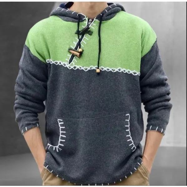 Hooded Sweater Gray Green Color Block Pocket Beads Toggle Button Boho Asymmetric - Image 2