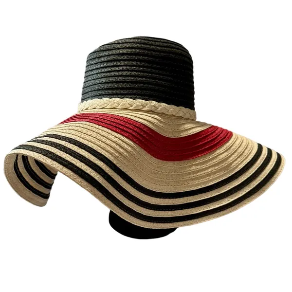 Lauren Ralph Lauren Large Black, Red, and Cream Striped Straw Hat - Image 2