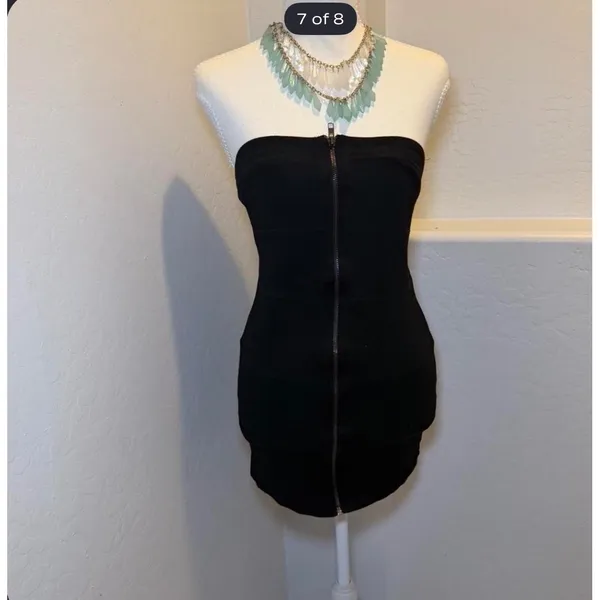 Black Strapless Mini Dress Womens Small Zip Front Bodycon Stretch Tube Dress - Image 8