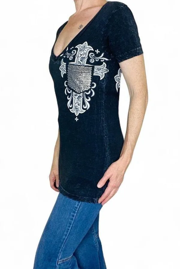 Vintage Y2K Affliction Live Fast Black Gem Rhinestone Cross Printed Tee - Image 4