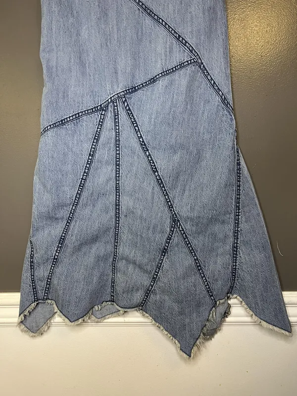 Urban Outfitters Skirt Womens XS Blue Denim Trumpet Long Asym Hem Boho Frayed - Image 7