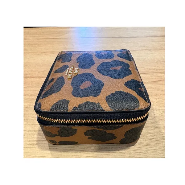 Coach Leopard Print Crossgrain Leather Travel Jewelry Box Case Mirror Gold Tone - Image 5