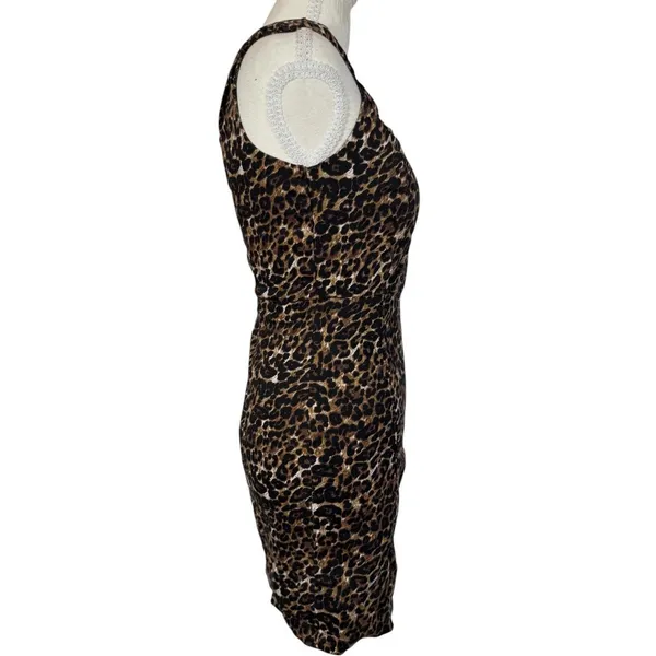 Leopard Print Mini Dress Womens XS Brown Black Square Neck Bodycon Stretch Y2K - Image 4