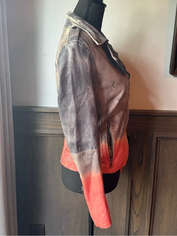 Muubaa Women's Gray-to-Coral Ombre Calf Skin Leather Moto Jacket US 6 - Image 6