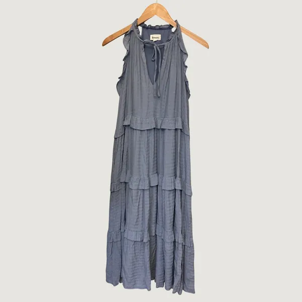 &merci Blue Ruffle Tiered Sleeveless Halter Maxi Dress S Boho Crinkle Flowy - Image 2