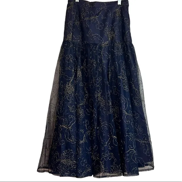 St. Gillian Navy Gold Embroidered Mesh Tiered Midi Skirt Size 6 - Image 2