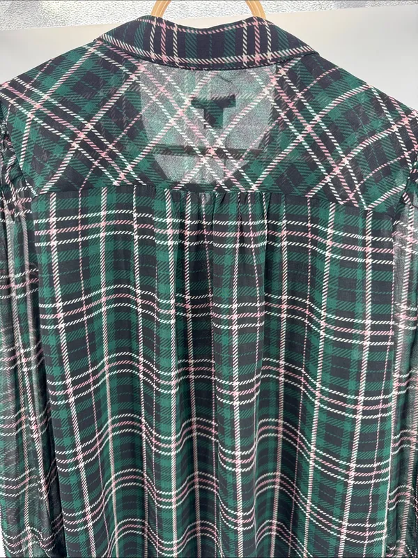 Ann Taylor sheer button front plaid puff sleeve top L professional office casual - Image 3