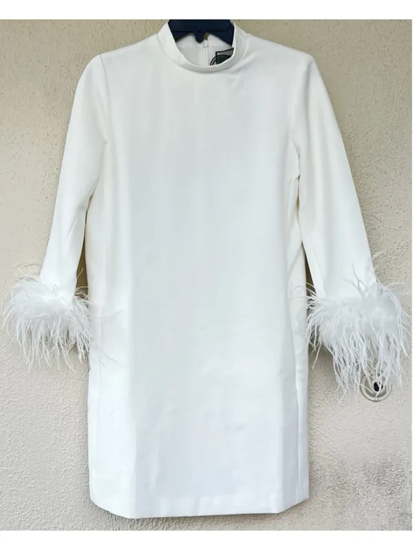 New Tuckernuck Women White Feather Cuff Shift Ellie Mini Dress S Wedding Bridal - Image 4