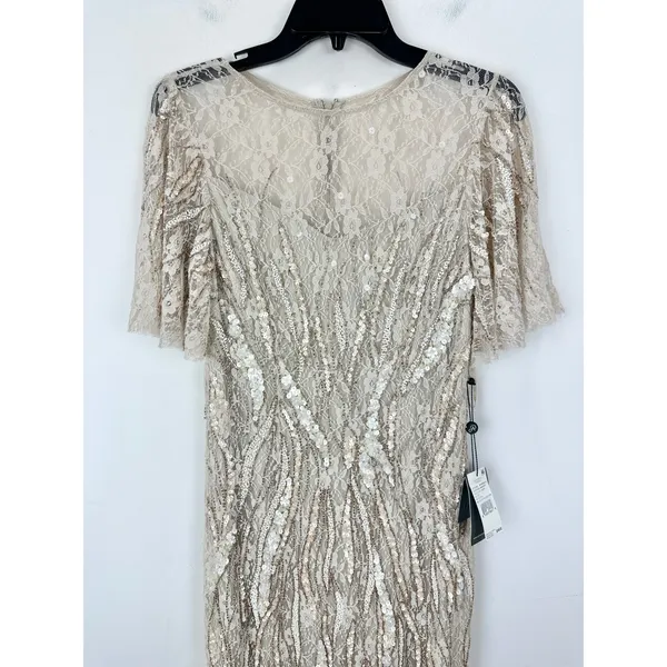 Adrianna Papell Beaded Flutter Sleeve Gown Long Biscotti Beige Formal US 4 NWT - Image 7
