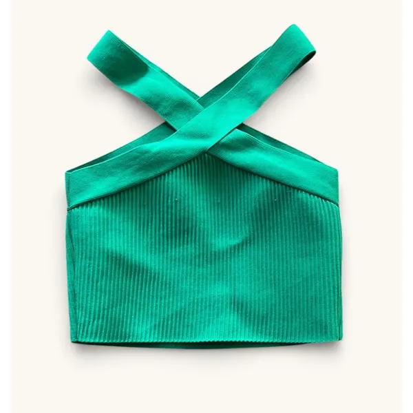 Green Ribbed Halter Crop Top‎ Womens M Cross Front Festival Summer - Image 2