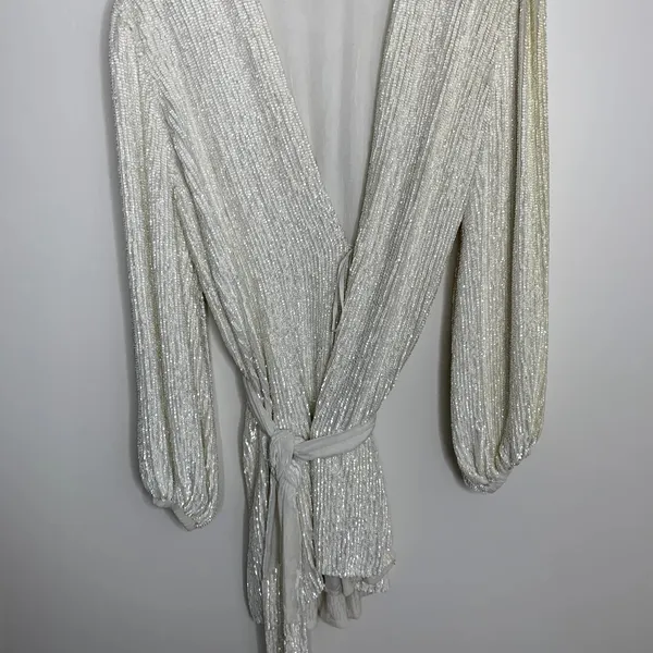 Retrofête Gabrielle Robe Sequins Wrap Mini Dress in Moonglow White Womens XS - Image 6