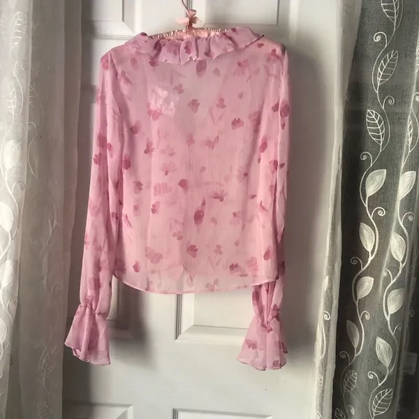 New ASOS DESIGN frill neck volume sleeve with button front in pink floral, sz 6 - Image 6