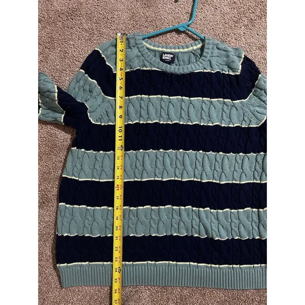 Lands End Sweater Women's Large Navy Drifter Cable Knit Stripe Nautical‎ Preppy - Image 5