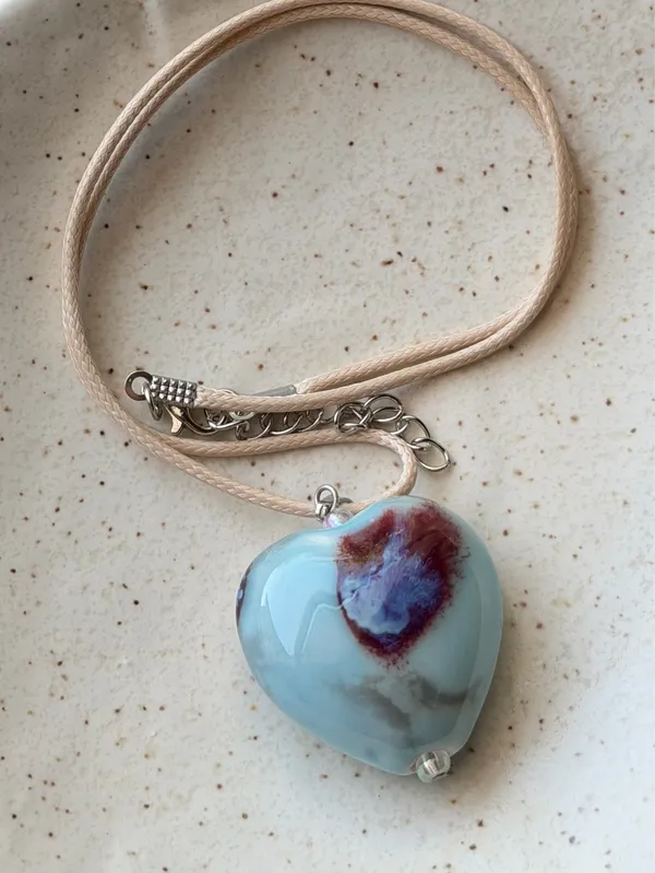 Handmade chunky large heart ceramic bead cute fairy boho whimsy necklace🩵 - Image 3