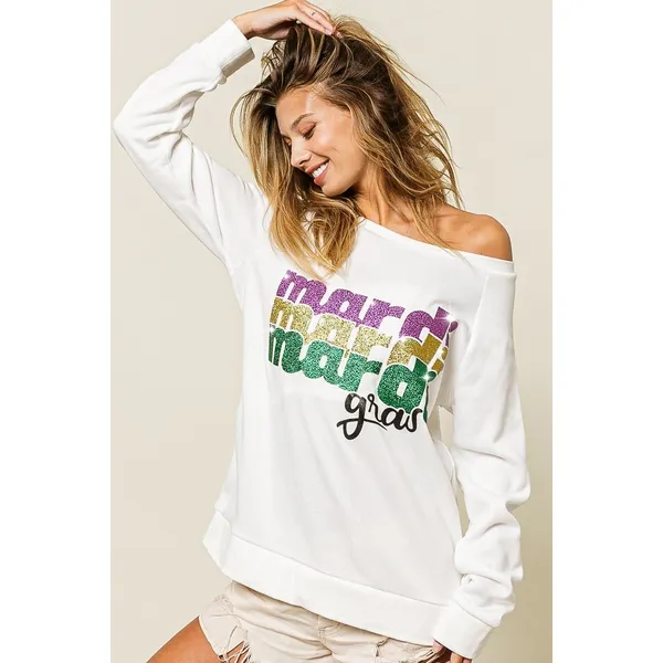 BiBi Mardi Gras Glitter Lettering Sweatshirt - Off White - Small - Image 7