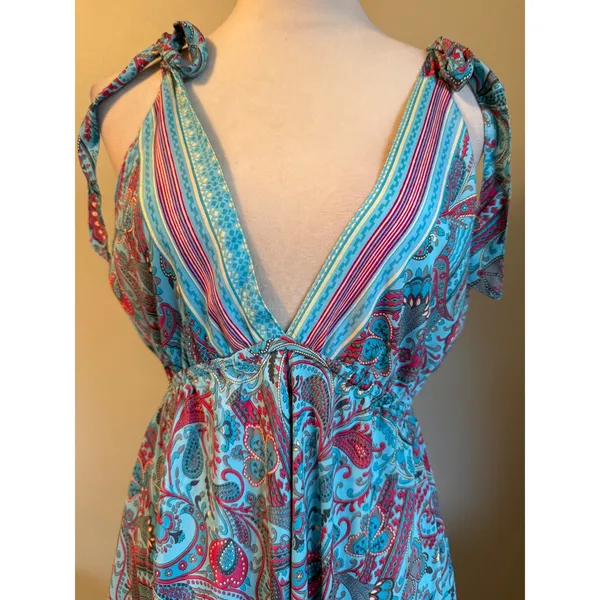 IndiaBoutique Sari Short Dress Coverup Paisley Turquoise Red OneSize boho resort - Image 2