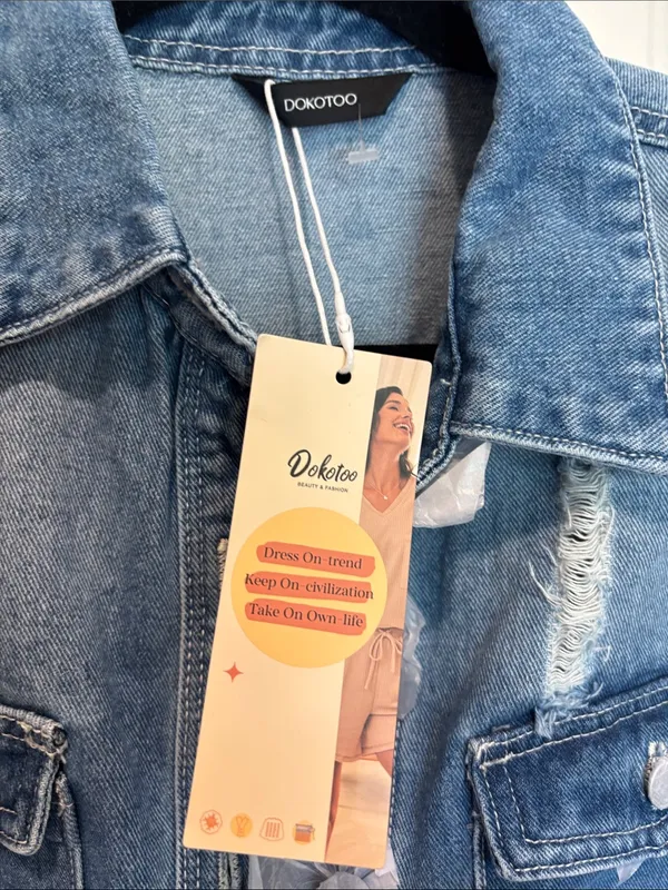 Dokotoo Brand Blue Distressed Denim Button Down Shacket Nwts Size Small - Image 3
